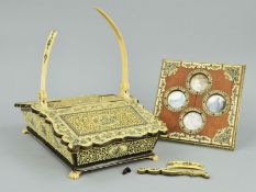 A 19TH CENTURY VIZAGAPATUM IVORY AND HORN SEWING BASKET, central swing handle, a.f. (broken piece