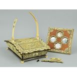 A 19TH CENTURY VIZAGAPATUM IVORY AND HORN SEWING BASKET, central swing handle, a.f. (broken piece