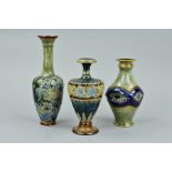 THREE DOULTON LAMBETH VASES, the first is a baluster shaped vase with squared mid section