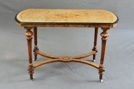 A MID VICTORIAN BURR WALNUT, INLAID AND EBONISED RECTANGULAR OCCASIONAL TABLE, with rounded ends, on