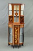 AN EDWARDIAN MAHOGANY, SATINWOOD BANDED AND INLAID DISPLAY CABINET, of bowed breakfront form, the