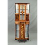 AN EDWARDIAN MAHOGANY, SATINWOOD BANDED AND INLAID DISPLAY CABINET, of bowed breakfront form, the