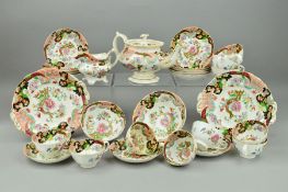 AN EARLY VICTORIAN BONE CHINA TEA SERVICE, possibly Masons, decorated with a printed and painted
