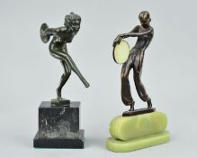 AFTER LORENZL, an Art Deco style bronze figure of a girl with a tambourine, on a green onyx base,