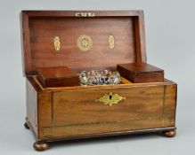 AN EARLY 19TH CENTURY MAHOGANY AND BRASS INLAID TEA CADDY, of rectangular form, the hinged lid