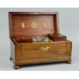 AN EARLY 19TH CENTURY MAHOGANY AND BRASS INLAID TEA CADDY, of rectangular form, the hinged lid