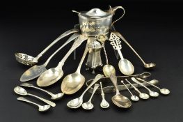 A PARCEL OF SILVER, to include a pair of Hester Bateman bright cut sugar tongs, a George V mustard