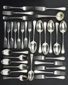 AN EDWARDIAN SILVER PART CANTEEN OF OLD ENGLISH PATTERN FLATWARE, comprising one sauce ladle, six