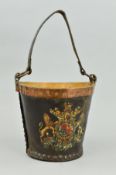 A 19TH CENTURY LEATHER FIRE BUCKET, leather strap handle, copper band to rim, yellow painted