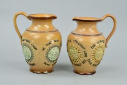 A PAIR OF DOULTON LAMBETH MOTTO EWERS, each with four plaques, the first motto is an appreciation of