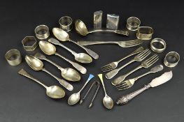 A PARCEL OF PROVINCIAL IRISH AND LONDON FLATWARE, including a Fiddle pattern dessert spoon, engraved