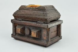 A 19TH CENTURY TRAMP ART BOX, pin cushion to centre of stepped chip carved hinged cover, the box