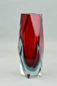 A MURANO SOMMERSO ART GLASS VASE, triple cased with clear over red, yellow and blue, having a