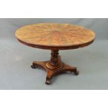 A VICTORIAN FLAME MAHOGANY TILT TOP BREAKFAST TABLE, with twelve sectional panels of veneer to the