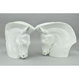 A RAOHL SCHORR FOR ROYAL WORCESTER PAIR OF WHITE GLAZED HORSE'S HEAD VASES, green printed factory