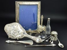 A PARCEL OF SILVER, to include an Edwardian silver mounted clear glass table bell, makers James