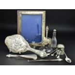 A PARCEL OF SILVER, to include an Edwardian silver mounted clear glass table bell, makers James