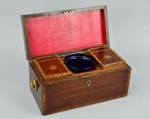 A GEORGE III MAHOGANY AND INLAID TEA CADDY, of rectangular form, the hinged lid with oval inlaid