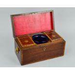 A GEORGE III MAHOGANY AND INLAID TEA CADDY, of rectangular form, the hinged lid with oval inlaid