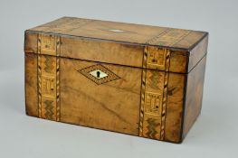 A VICTORIAN WALNUT AND TUNBRIDGE WARE BANDED RECTANGULAR TEA CADDY, mother of pearl lozenge inlay to