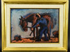 JOSEF HERMAN (BRITISH 1911-2000), 'Man and Horse', oil on canvas, titled and signed verso, with