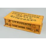 A DEWHURSTS 'SYLKO' HABERDASHERS OAK TWO DRAWER COTTON REEL STORAGE BOX, with gilt and black text to