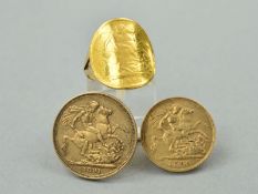 AN 1891 GOLD SOVEREIGN AND 1904 HALF SOVEREIGN, and a distressed 1809 half sovereign made into a