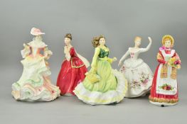 FIVE ROYAL DOULTON FIGURES, 'April' HN 3693, 'Shirley' HN 2702, 'Old Country Roses' HN 3692 (chipped
