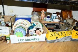 SEVEN BOXES AND LOOSE CERAMICS, GLASSWARE, TREEN, METALWARES, etc, to include Poole, Doulton,