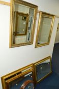 TWO GILT FRAMED BEVELLED EDGE WALL MIRRORS, with a carved frame, together with five various other