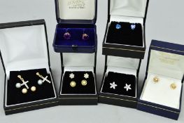 NINE PAIRS OF EARRINGS, to include a pair of circular amethyst ear studs, a pair of 9ct gold