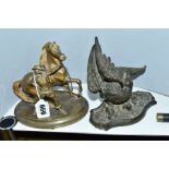 A LATE 19TH CENTURY STYLE BRONZE FIGURE OF AN EAGLE, height 13.5cm, together with another of a man