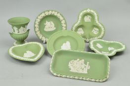 SEVEN WEDGWOOD GREEN JASPERWARE TRINKETS, (one reglued) (7)