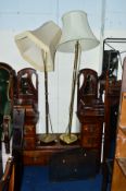 TWO VARIOUS BRASS STANDARD LAMPS, a metal firescreen, dismantled occasional table, etc (5)