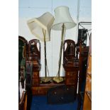 TWO VARIOUS BRASS STANDARD LAMPS, a metal firescreen, dismantled occasional table, etc (5)