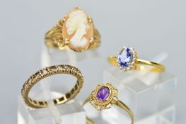 FOUR RINGS, to include a 9ct gold cameo ring, hallmarked Birmingham 1964, ring size O, a 9ct gold