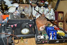 THREE BOXES AND LOOSE CERAMICS, GLASSWARE, SUNDRIES, PICTURE, TOYS, BUTTONS, MIRRORS, etc, including