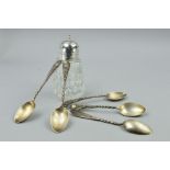 A GEORGE V SILVER TOPPED GLASS SUGAR CASTOR, BIRMINGHAM 1931, together with a set of five spoons,