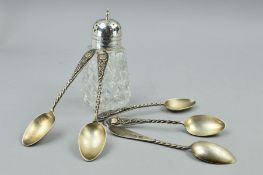 A GEORGE V SILVER TOPPED GLASS SUGAR CASTOR, BIRMINGHAM 1931, together with a set of five spoons,