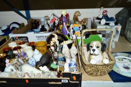 THREE BOXES AND LOOSE CERAMICS AND OTHER ORNAMENTS, including novelty teapots, animal and figural