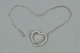 A HEART PENDANT AND CHAIN, designed as an open heart white metal cubic zirconia pendant, suspended