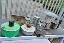 SIX GARDEN LIGHTS, two paraffin lamp bases, a funnel and eight surveyors striped poles