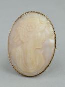 A CAMEO BROOCH, of oval outline depicting a female in profile carved tot he mother-of-pearl shell,