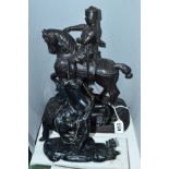 TWO LATE 19TH CENTURY SPELTER FIGURES, depicting a knight in armour on horseback and a Marly