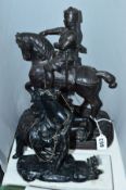 TWO LATE 19TH CENTURY SPELTER FIGURES, depicting a knight in armour on horseback and a Marly