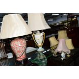 A QUANTITY OF VARIOUS TABLE LAMPS, with shades including an Oriental and a Greek style lamp
