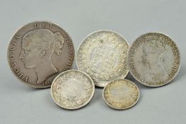 FIVE VICTORIAN COINS, to include a florin, a one shilling from 1872 and a six pence from 1850,