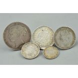 FIVE VICTORIAN COINS, to include a florin, a one shilling from 1872 and a six pence from 1850,