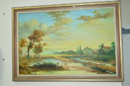 20TH CENTURY CONTINENTAL OIL ON CANVAS PAINTING OF A COUNTRYSIDE SCENE, having anglers in the