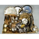 A BOX OF SILVER PLATE, including goblets, salvers, stainless steel trays, etc